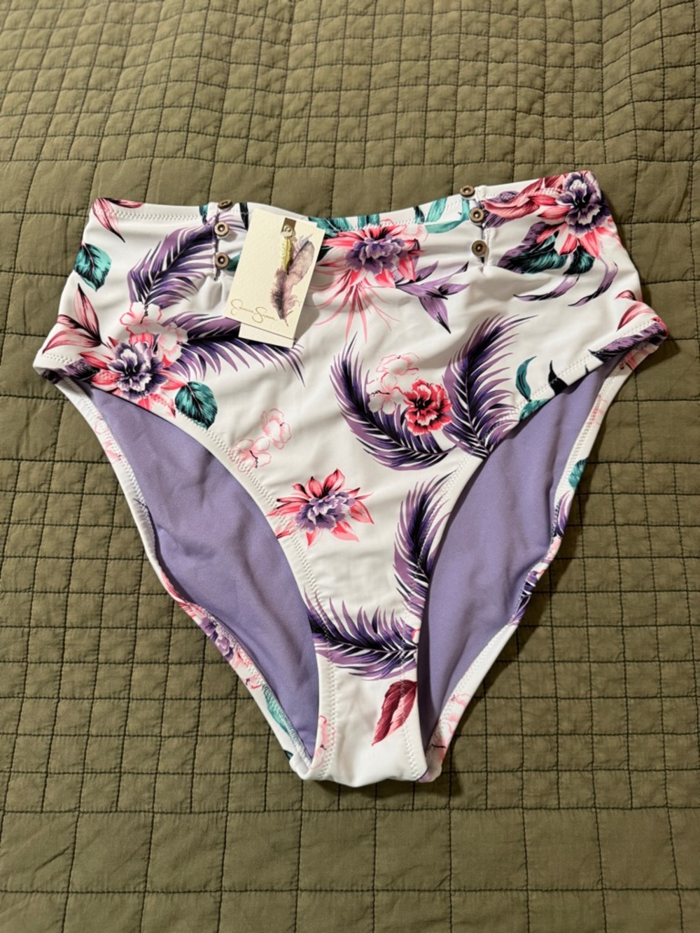 Jessica Simpson White Floral High-Waist Bikini Bottoms with Purple Accents